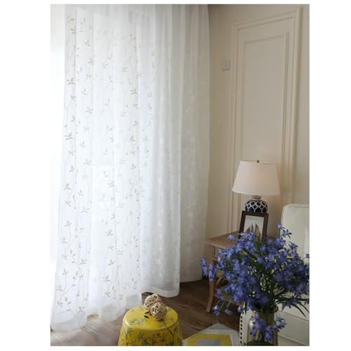 Whoiy Weiß Semi Sheer Curtain Leinen 214 Höhe mit Haken, Blätter Bestickt Voile Gardinen 2er Set für Wohnzimmer, H214 x B132 cm von Whoiy