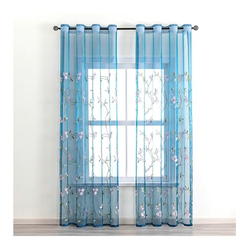 Whoiy Wohnzimmer Voile Vorhang Transparente Blau mit Ösen 2 Stück, Polyester Sheer Curtain Blumen Bestickt Moderne Fenster, H132 x B107 cm von Whoiy