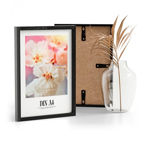 Whole® Premium Bilderrahmen A4 (21x30 cm) Holz Schwarz | DIN A4 Rahmen 21x29,7 cm | Picture Frame Holz von Whole