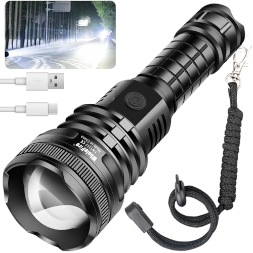 WholeFire LED Taschenlampe Aufladbar USB, Extrem Hell 90000 Lumens XHP160 Taktische Taschenlampen, Wasserdichte Taschenlampe Batteriebetrieben mit 5 Modi für Camping Innen Draussen Aktivitäten von WholeFire