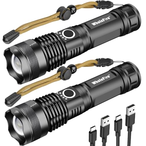 WholeFire LED Taschenlampe Wiederaufladbare USB 2 Stück, Extrem Hell 90000 Lumens XHP70.2 Zoombar Wasserdicht Leistungsstark 5 Modi Taschenlampen für Notbeleuchtung im Freien von WholeFire