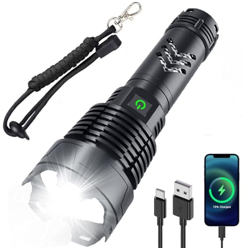 Wiederaufladbare 90000 Lumens LED Taschenlampen, Extrem Hell XHP160 Leistungsstarke Taschenlampe mit Akku, Zoombare Wasserdichte 5 Modi USB Taschenlampen für Camping, Wandern, Outdoor, Notfall von WholeFire