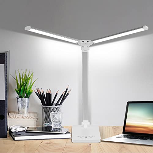 Wholede Schreibtischlampe LED Dimmbar, 2000mAh Doppelkopf Tischlampe 5 Farben und 10 Helligkeitsstufen, Nachttischlampe mit Ladefunktion, Desk Lamp mit Funktion Zeitmessung Table Lamp für Kinder, Büro von Wholede