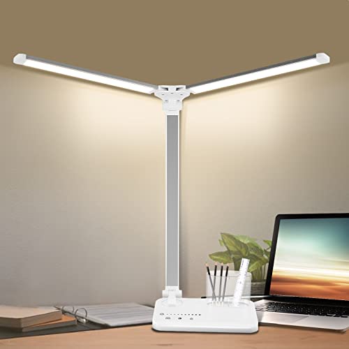 Wholede Schreibtischlampe LED Dimmbar mit Stifthalter, Doppelkopf Tischlampe 5 Farben und 10 Helligkeitsstufen, Nachttischlampe, Desk Lamp mit Funktion Zeitmessung Table Lamp für Kinderr, Büro von Wholede