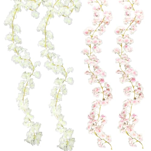 Wholesoukyii 4 Stück Kirschblüten Deko Blumen Girlande, Seidenblume Material, Hängend Blumengirlande Künstlich, Geeignet für Hochzeit, Verlobung, Partydekoration (Rosa und Weiß) von Wholesoukyii