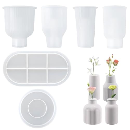 Wholesoukyii 4 Stück Silikonformen Gießformen Vase, Vier Arten, mit Tablett und Untersetzer, Handgemachtes DIY Silikonformen, Üben Sie Ihre Praktischen Fähigkeiten, für Zur Herstellung von Vasen von Wholesoukyii
