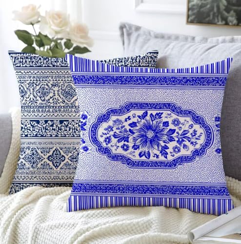 Kissenbezug 30x50cm Kissenbezug Outdoor Blau 2er Set Leinen Aesthetic Kissen Muster Flauschig Sofakissen Schlafzimmer Deko Wohnzimmer Modern Kopfkissenbezug Sofa Schlafzimmer Stuhl Balkon Deko A1-22 von Whoonng