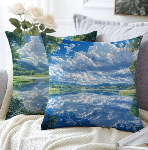 Kissenbezug 65x65cm Kissenbezug Outdoor See 2er Set Leinen Aesthetic Kissen Landschaft Flauschig Sofakissen Schlafzimmer Deko Wohnzimmer Modern Kopfkissenbezug Sofa Schlafzimmer Stuhl Balkon Deko A1-8 von Whoonng