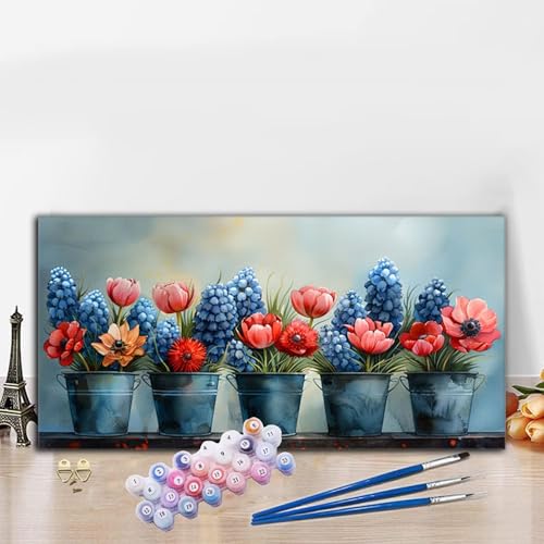 Malen Nach Zahlen Blumentopf, Malen Nach Zahlen Erwachsene Blau Paint by Numbers Handgemalt Ölgemälde Kit für Anfänger mit Pinseln und Acrylfarben,Deko Wohnzimmer,Geschenke für Frauen 50x100 cm G8-845 von Whoonng