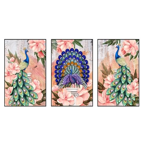 Whoonng 3 Stück 5D Diamond Painting Erwachsene, Diamond Painting Kinder, Diamant Painting Bilder Grüner Pfau DIY Rund Volle Bohrer Malen Nach Zahlen mit Zubehör, für Home Wand Dekor 40x50cm Wz-6520 von Whoonng