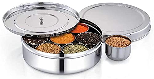 WhopperIndia Edelstahl Runde Gewürzdose Küche Masala Dabba 7 Fächer Doppeldeckel, 8 Zoll (Silber) von WhopperIndia