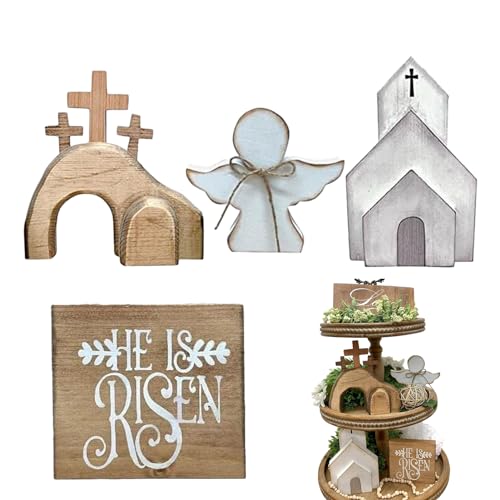 Whrcy Osterkrippe mit leerem Grab, Bühne und Osterkreuz des leeren Grabes, Set mit 4 Osterplatten für das Grab Jesu – religiöse Dekorationen aus für den Tisch des Hauses von Whrcy