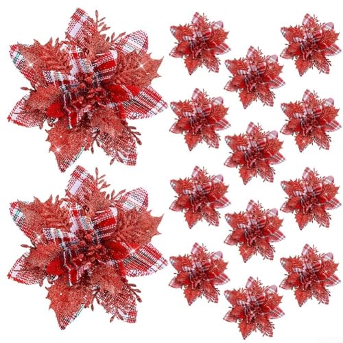 12-teiliges Weihnachtsstern-Blumen-Set, lebendiges Weihnachtsblumen-Set mit Clips für festliche Dekoration (1) von Whychstore