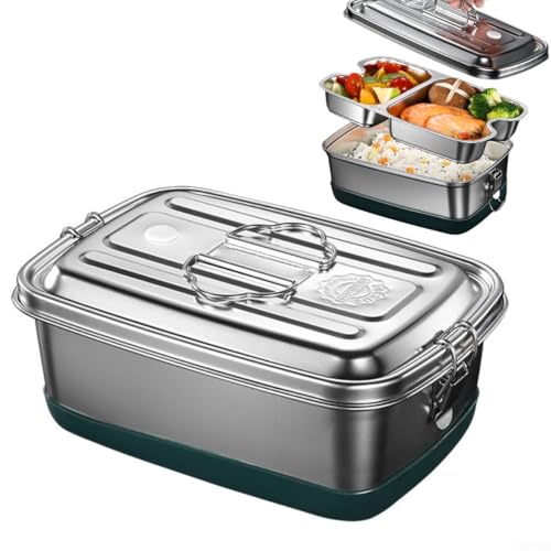 Doppelschichtige Edelstahl Brotdose, Metall Bentos Box auslaufsicher, mit sicherer Schnalle und herausnehmbarer Trennwand, für Erwachsene Frauen Männer (2 Fächer) von Whychstore