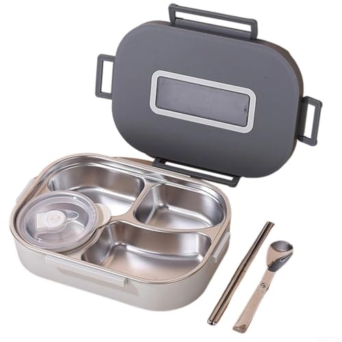Edelstahl-Isolierungs-Lunchbox-Set, tragbare auslaufsichere Lunch-Lebensmittelbehälter, mit doppellagigen Fächern und Utensilienaufbewahrung, Weiß/Grau (4 + Grau) von Whychstore
