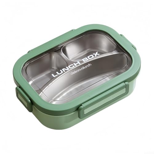 Edelstahl Lunchbox 3 auslaufsichere Fächer mit Deckel, sichere Seitenschlösser, spülmaschinenfest, herausnehmbares Tablett, für Erwachsene, Schulessen (Grün) von Whychstore