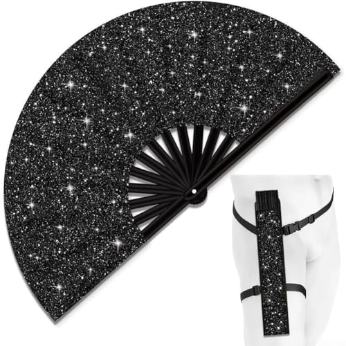 Glitter Folding Clack Hand Fan Foldable Handheld Performance Fan Large Size Fans With Belt Holster For Raves Festival Parties (Black Glitter Fan) von Whychstore