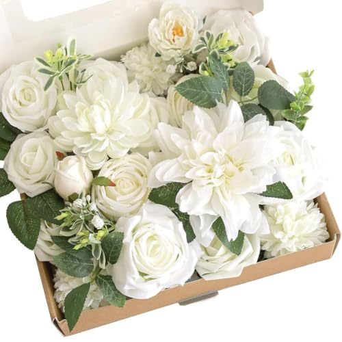 Künstliche staubige rosa Hochzeitsblumen, Seidenblumenstrauß Set, staubige rosa künstliche Pfingstrosen Rosen, für Hochzeitsempfang, Tischdekoration, Heimdisplay (weiß) von Whychstore