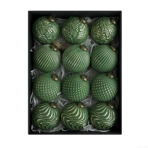 Rustikale Weihnachtsbaumkugeln, Vintage-Weihnachtsbaumschmuck, 8 cm, dekorative hängende Kugeln, mit wiederverwendbarer Aufbewahrungsbox (grün), 12 Stück von Whychstore