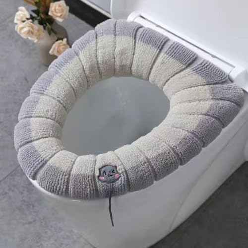 Toilettensitzbezug aus Polyester, warm und gemütlich für O/U/V-Form-Toiletten, wiederverwendbar und leicht zu pflegen (Beige mit grauem B) von Whychstore