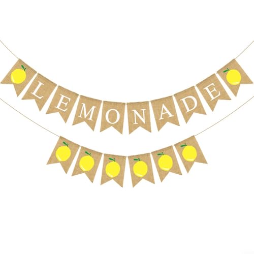 Verbessern Sie die Atmosphäre Ihrer Veranstaltung mit einem hellen Jute-Banner für Limonaden-Banner für Themenfeiern (Lemonade + Zitrone) von Whychstore