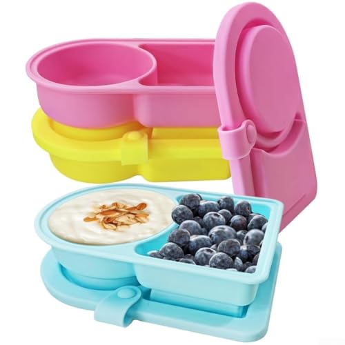Zusammenklappbare Silikon-Frischhaltedosen mit auslaufsicheren Deckeln, geeignet für Mikrowelle, Kühlschrank, Gefrierschrank, Spülmaschine, platzsparende Küchenschränke (blau + rosa + gelb) von Whychstore