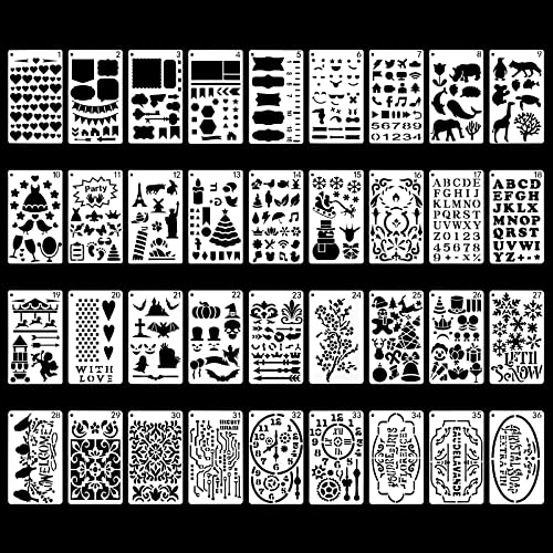 WIMas 36 Stück Journal Schablonen Set, Wiederverwendbare Schablonen Zeichnen Schablonen Malschablone Geometrische Schablonen Tagebuch Tool mit Kreisring von WiMas