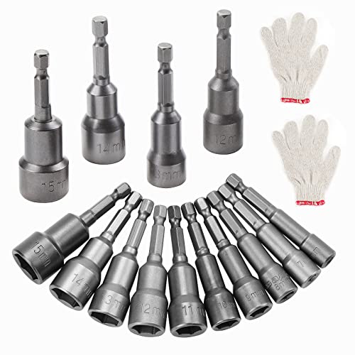 WiMas 10 Teiliges Steckschlüssel Bohrer Set, Magnetischer Steckschlüssel 6-15mm Metrischer Steckschlüssel Adapter Kit mit 1/4 Zoll Schnellwechsel Sechskantschaft von WiMas