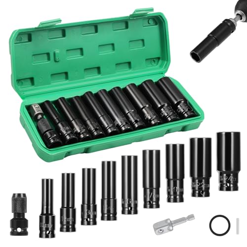WiMas 11PCS Deep Impact Socket Set 1/2 Zoll Metric Drive Tool Set mpact Wrench Nut Set 10-24mm Hex Long Socket Set mit Socket Adapter und Verlängerungsstange für Autoreparaturen Reifenwechsel von WiMas