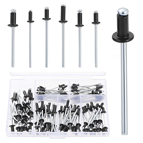 WiMas 120PCS Aluminium Blindnieten Schwarz Blind Pop Rivet Fasteners Assortment Kit Open End Blindnieten mit Aufbewahrungskoffer für Holz Stoffe Metall (Schwarz) von WiMas