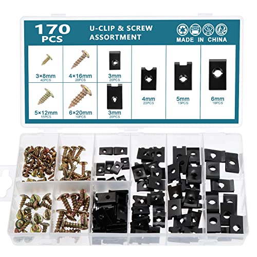 WiMas 170PCS Automobil U-Clip und Schrauben Sortiment, 9 Größen U-Clips mit Befestigungsschrauben Panel-Clips SAE Spire Clips für Armaturenbrett, Türverkleidung, Innenkotflügel von WiMas