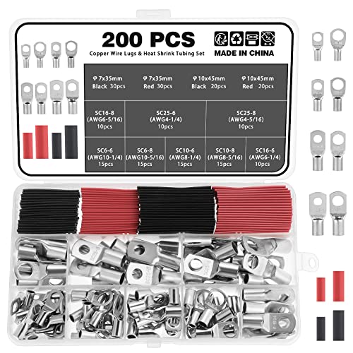 WiMas 200PCS Copper Wire Terminal Connectors Kit, Heavy Duty Copper Wire Lugs with Heat Shrink Set, Tinned Copper Battery Cable Ends Wire terminals Connector Cable Lugs Ring Wire Crimping von WiMas
