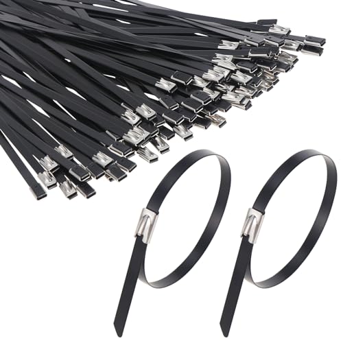 WiMas 200PCS Edelstahl Kabelbinder Metall Krawatte Wraps Verriegelung Krawatte Kabelbinder Riemen mit Rolling Self Locking für Auspuff wickeln Garage Werkstatt Haus Outdoor Zaun (Schwarz, 200mm) von WiMas