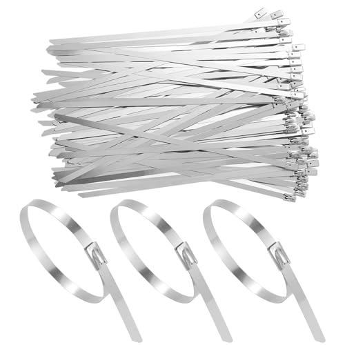 WiMas 200PCS Edelstahl Kabelbinder Metall Krawatte Wraps Verriegelung Krawatte Kabelbinder Riemen mit Rolling Self Locking für Auspuff wickeln Garage Werkstatt Haus Outdoor Zaun (Silber, 200mm) von WiMas