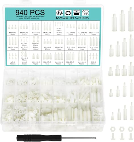 WiMas 940PCS Nylon Hex Standoff Spacer Schraube Mutter Gewindesäule Standoff Schrauben Assorted Sortiment Set M2 M2.5 M3 M4 für DIY PCB Board Motherboard Montage (Weiß) von WiMas