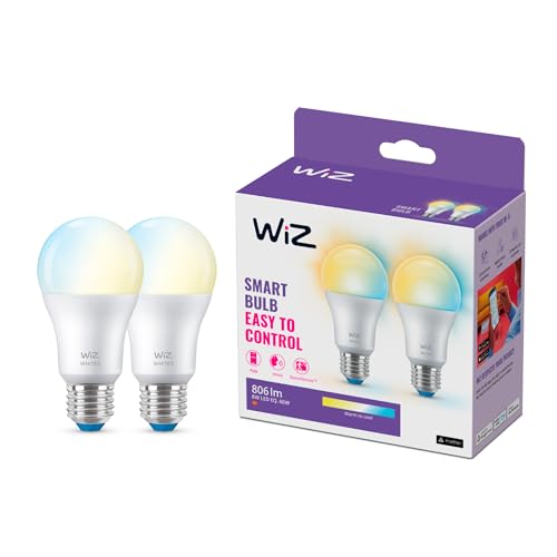 WiZ Tunable White LED Lampe, E27, 60 W, dimmbar, warm- bis kaltweiß, smarte Steuerung per App/Stimme über WLAN, Doppelpack von WiZ