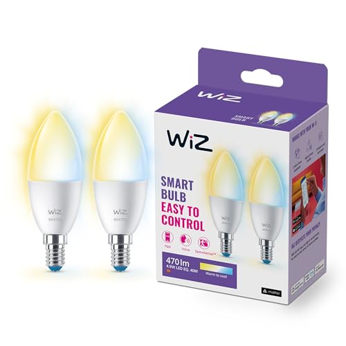 WiZ Tunable White LED Lampen E14 2er-Pack (470 lm), 40 W Kerzenlampen mit warm- bis kaltweißem dimmbarem Licht, smarte Lichtsteuerung über WLAN per Stimme/App von WiZ