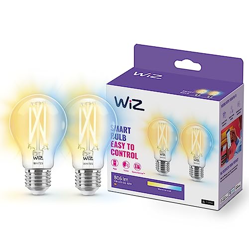 WiZ Tunable White LED Lampen E27 2er-Pack (806 lm), 60 W transparente Filament Lampen mit warm- bis kaltweißem dimmbarem Licht, smarte Lichtsteuerung über WLAN per Stimme/App von WiZ