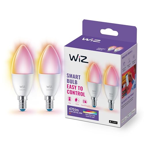 WiZ WLAN-Glühbirne und Bluetooth, LED, dimmbar, Kerzenform, 40 W, E14, 2 Stück, weißes und farbiges Licht, 2200-6500 K, 4,9 W (entspricht 40 W), A+ von WiZ