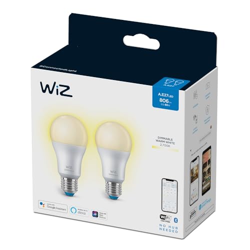 WiZ Warm White LED Lampe, E27, dimmbar, warmweiß, 806 lm, 60W, smarte Steuerung per App/Stimme über WLAN, Doppelpack von WiZ