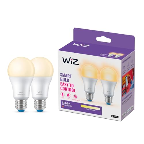 WiZ Warm White LED Lampe, E27, dimmbar, warmweiß, 806 lm, 60W, smarte Steuerung per App/Stimme über WLAN, Doppelpack von WiZ