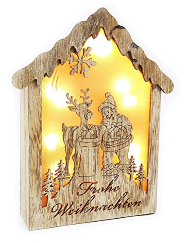 Weihnachtsdeko Holz beleuchtet LED Weihnachtshaus Fröhliche Weihnachten mit 3D Effekt Lichterhaus Weihnachten von Wichtelstube-Kollektion