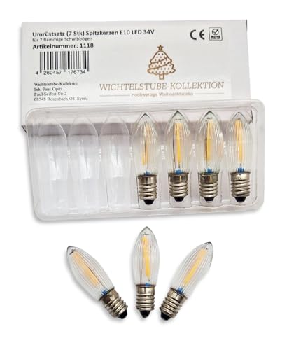 Wichtelstube-Kollektion Energiesparendes Set 7Stk, E10 34V 3W, E10 LED Ersatzkerzen 0,3W Ersatzlampen für Lichterbogen, LED Kerzen für Schwibbogen, sparsam, Warmweiß, langlebig (E10 34V 0,3Watt) von Wichtelstube-Kollektion