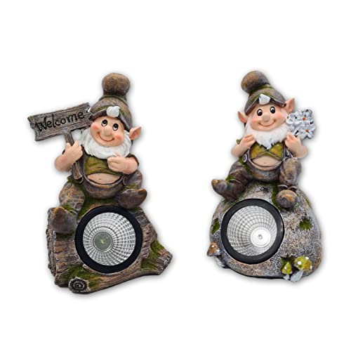 Wichtelstube-Kollektion Gartenzwerge 21cm hoch Wichtelfiguren 2er Set Solar Deko Figuren für den Garten LED Leuchten Solarleuchten Garten Solarlampen für außen von Wichtelstube-Kollektion