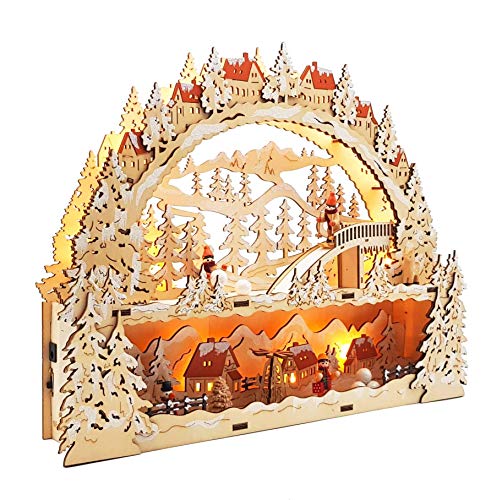 Wichtelstube-Kollektion Holzkunst LED Schwibbogen mit Podest Skifahrer Schwippbogen Lichterbogen Weihnachtsdeko Fenster Echtholz, Batteriebetrieben mit Timer, 43cm Breite von Wichtelstube-Kollektion