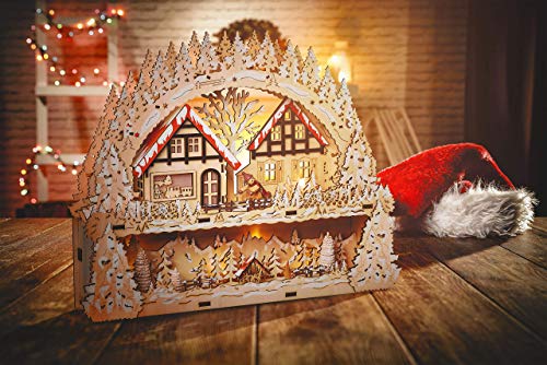 Wichtelstube-Kollektion Holzkunst LED Schwibbogen mit Podest Winterdorf Schwibbogen Lichterbogen Weihnachtsdeko Fensterbank Echtholz, Batteriebetrieben mit Timer 44cm Breite von Wichtelstube-Kollektion