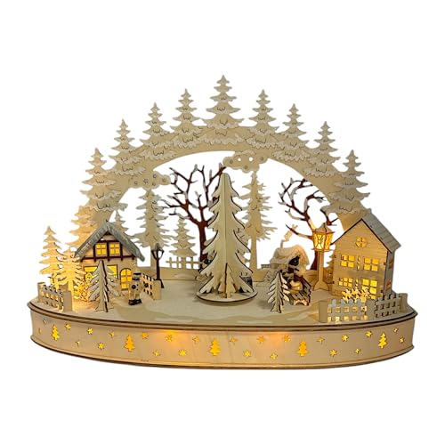 Wichtelstube-Kollektion LED Schwibbogen Weihnachtsdorf mit drehenden Baum, Schwippbogen Weihnachten mit Bewegung, Lichterbogen Echtholz batteriebetrieben mit integegreirten Timer von Wichtelstube-Kollektion