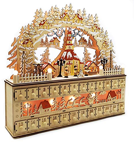 Wichtelstube-Kollektion LED Schwibbogen mit Adventskalender Seiffener Kirche Lichterbogen Schwippbogen Weihnachtsdeko Fenster, Batteriebetrieben + Timer Adventskalender zum befüllen von Wichtelstube-Kollektion
