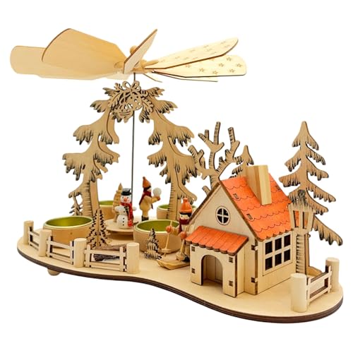 Wichtelstube-Kollektion Weihnachtspyramide Teelichtpyramide mit Räucherhaus Ski Pyramide Weihnachten für Teelichter, Skifahrer Echtholz Räuchermännchen Neu 2024 mit 4 Teelichtern von Wichtelstube-Kollektion