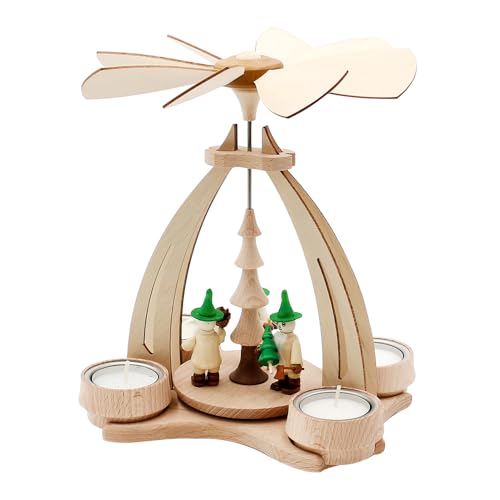 Wichtelstube-Kollektion Weihnachtspyramide Tischpyramide Waldwichtel für 4 Teelichter, Pyramide aus feinsten Buchenholz 14x18x24 cm, Teelichtpyramide Weihnachten von Wichtelstube-Kollektion